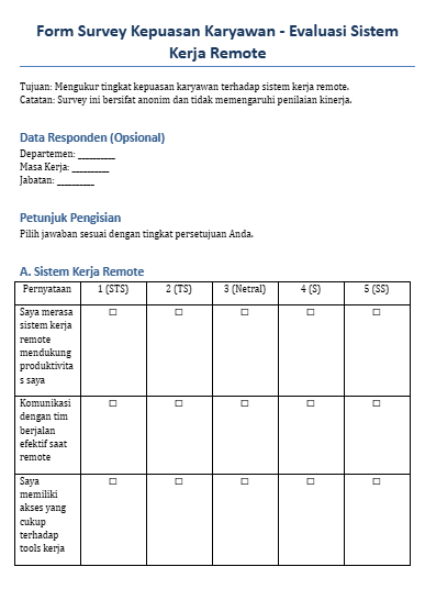 Contoh Form Survey Kepuasan Karyawan Evaluasi Sistem Kerja