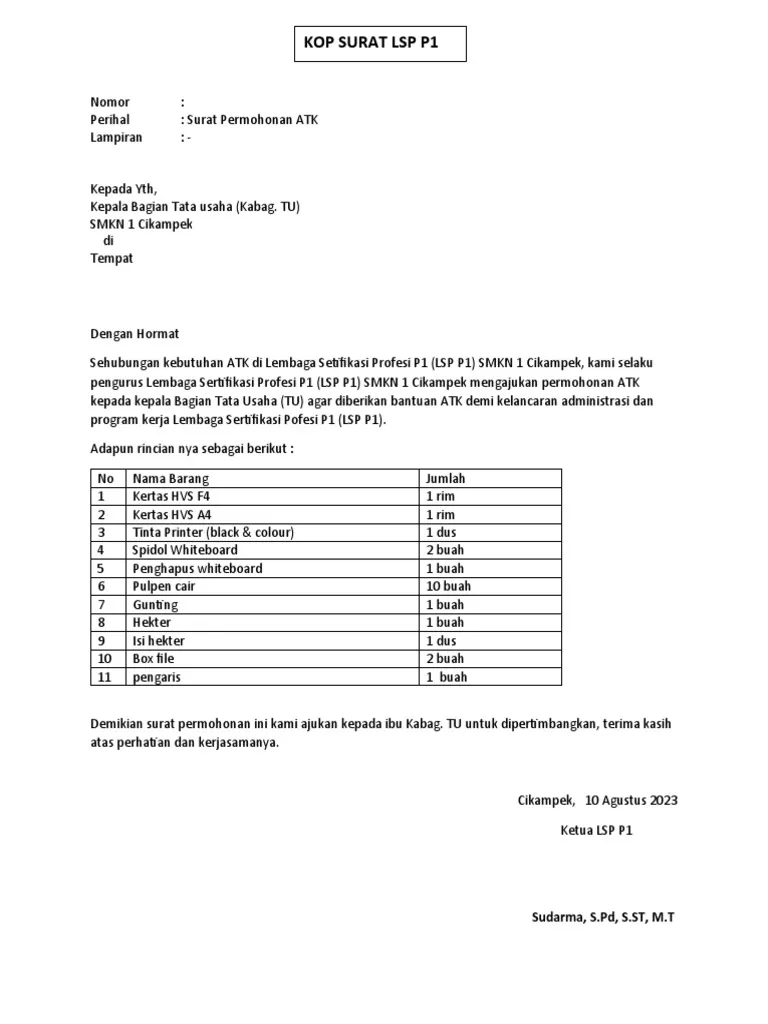 Contoh Surat Pengajuan Barang ATK (Alat Tulis Kantor)