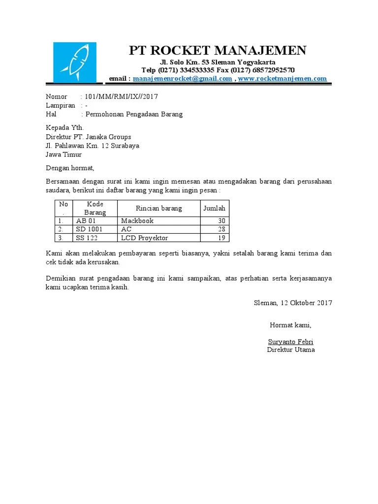 Contoh Surat Pengajuan Barang ke Atasan