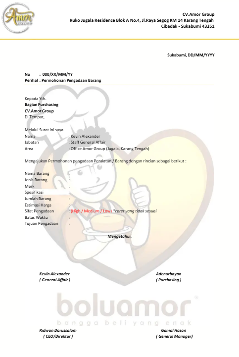 Contoh Surat Pengajuan Barang ke Divisi General Affairs
