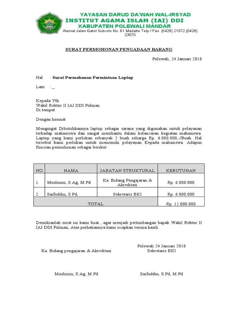 Contoh Surat Pengajuan Barang IT dan Perangkat Kerja