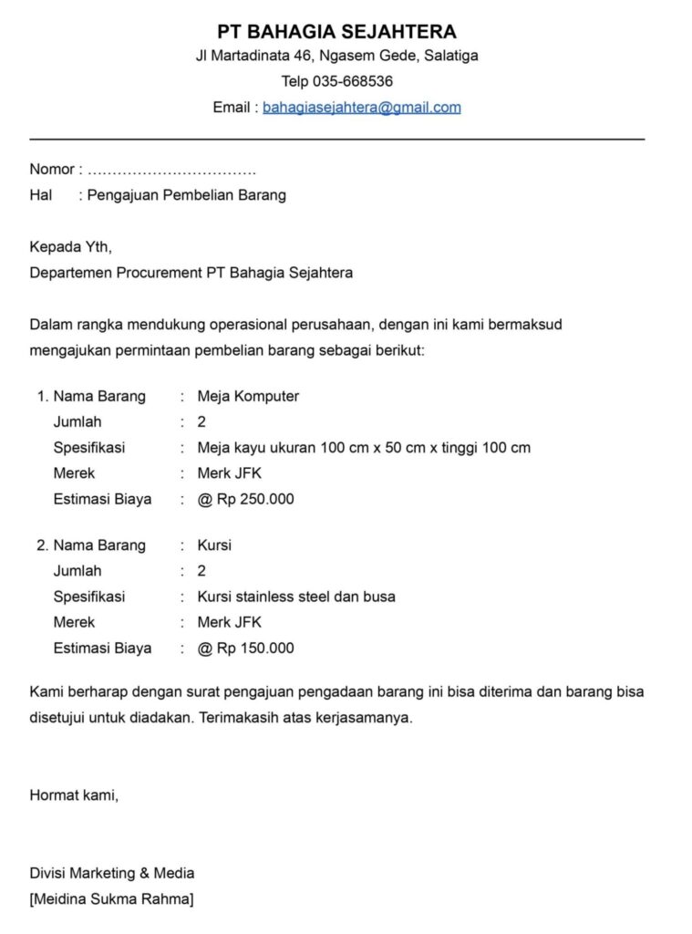 Contoh Surat Pengajuan Barang Inventaris Kantor
