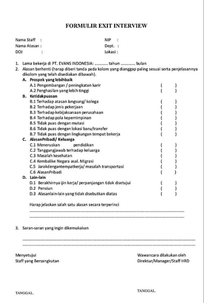 Contoh Form Exit Interview dengan Pilihan Ganda