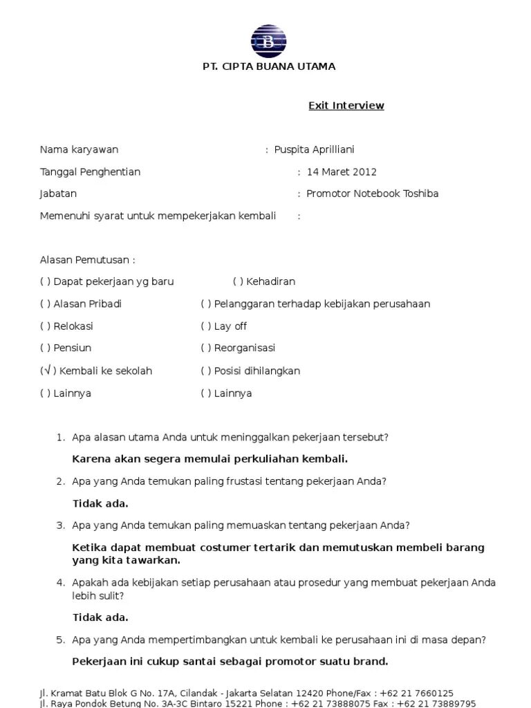 Contoh Jawaban Form Exit Interview
