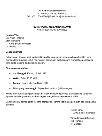 Contoh Template Surat Pemanggilan Karyawan