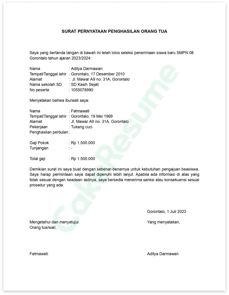Contoh Surat Keterangan Penghasilan Orang