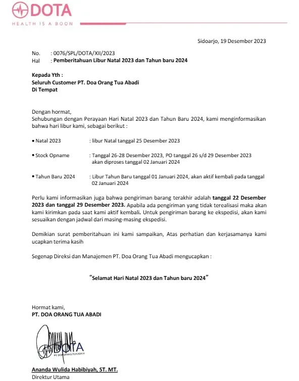 Contoh Surat Pemberitahuan Libur/Cuti Bersama