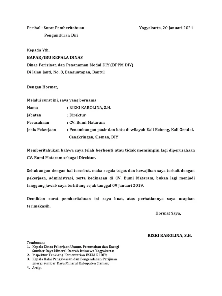 Contoh Surat Pemberitahuan Pengunduran Diri