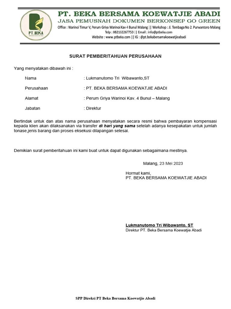 Contoh Surat Pemberitahuan Perusahaan