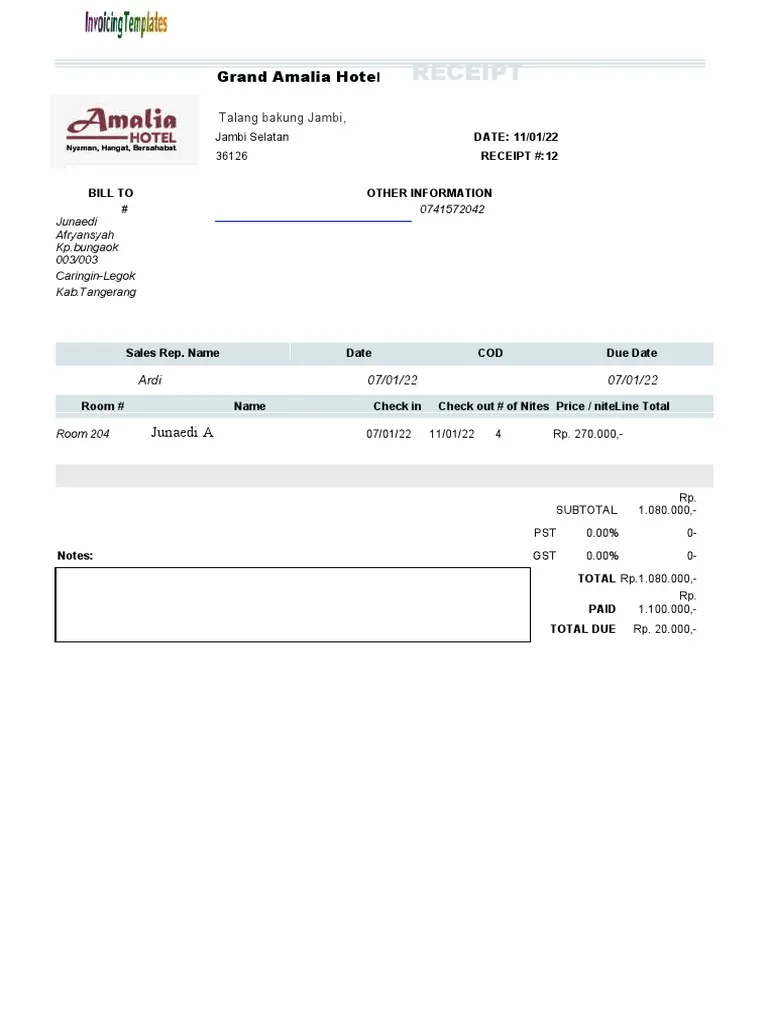 Contoh Invoice Hotel Sederhana