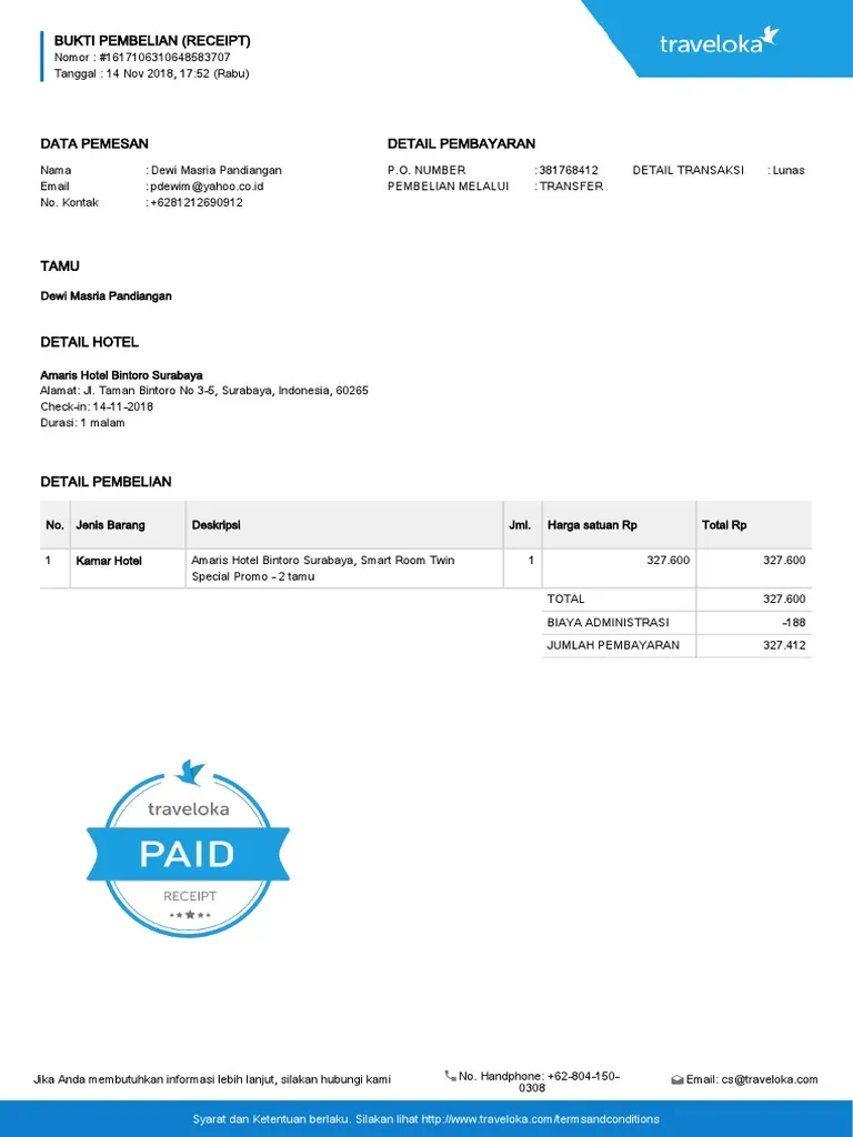 Contoh Invoice Hotel Bahasa Indonesia