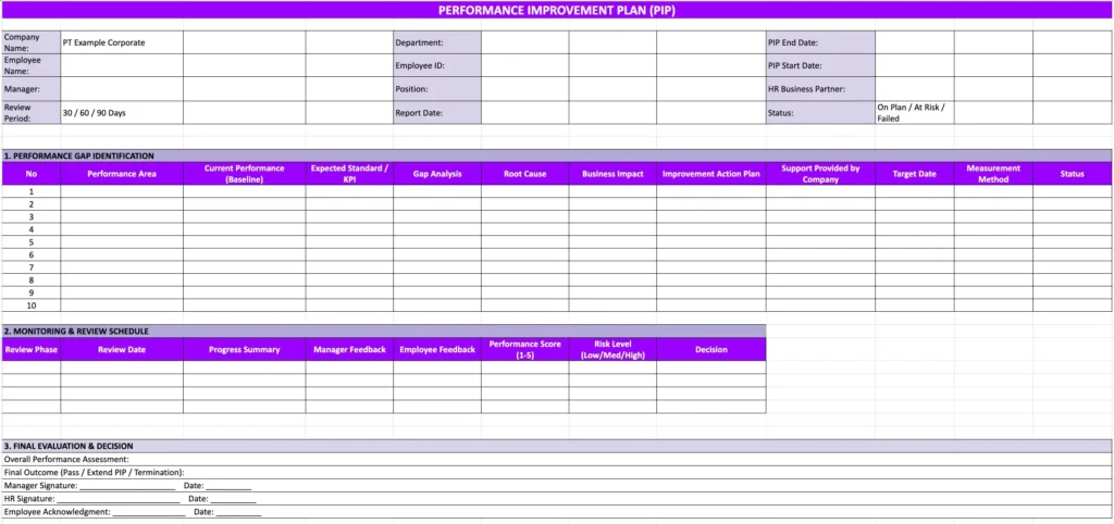 Contoh Template PIP Performance Excel