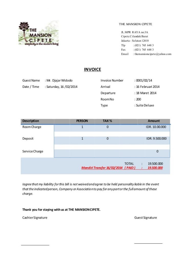Contoh Invoice Hotel Bahasa Inggris