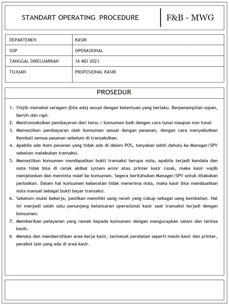 SOP Pengelolaan Kasir dan Pembayaran