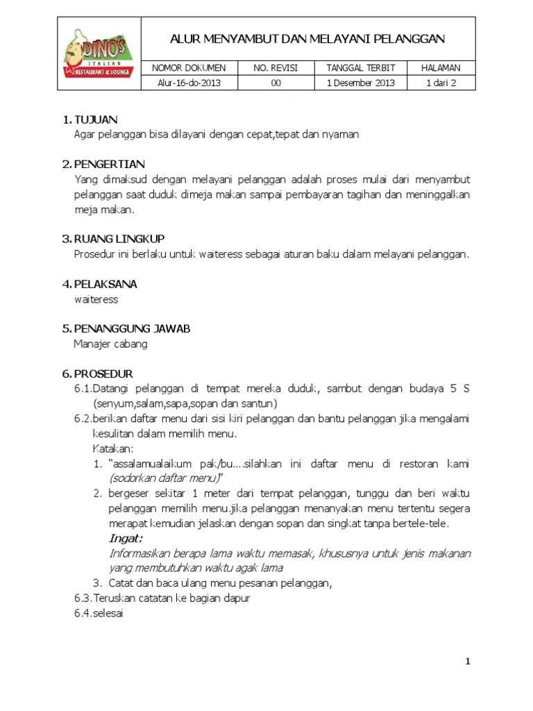 SOP Penyambutan dan Pelayanan Pelanggan (Waiter/Waitress)