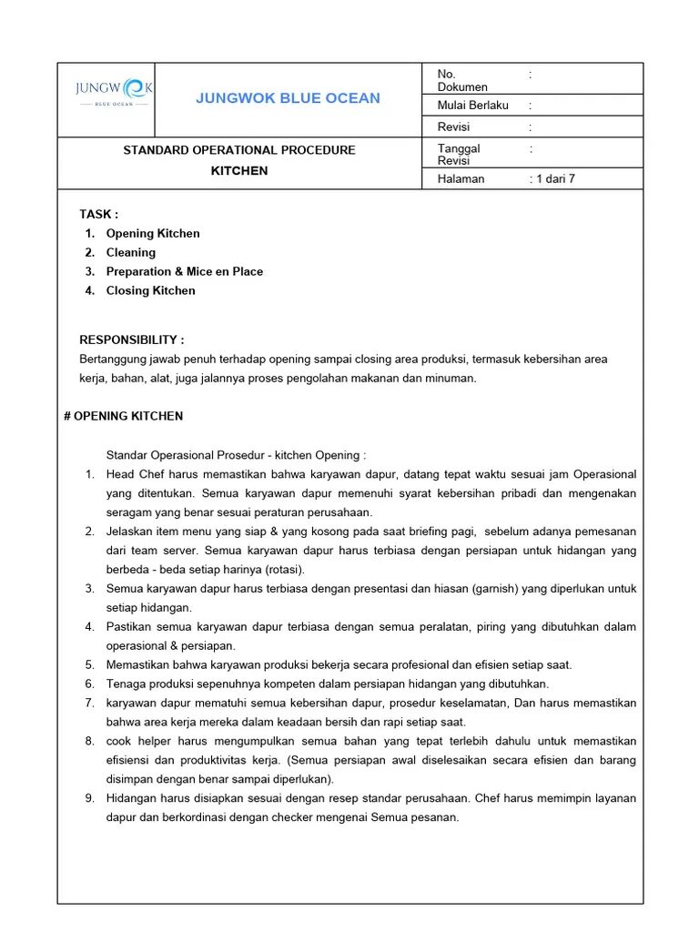 SOP Kebersihan dan Sanitasi Area Restoran