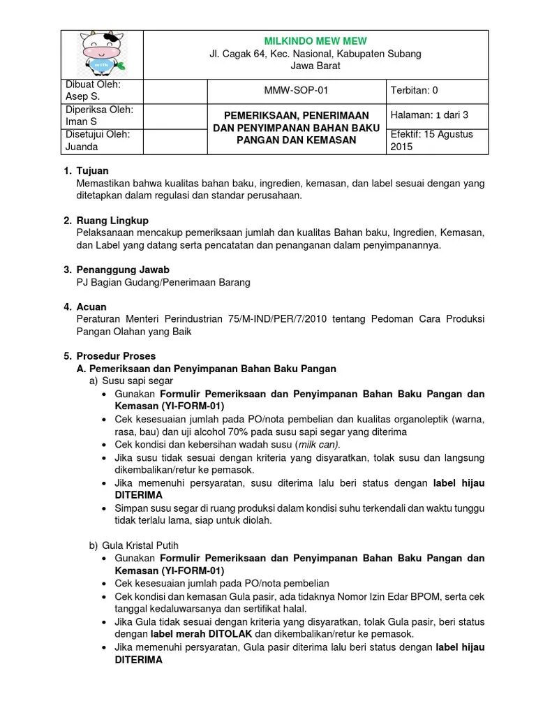 SOP Penerimaan dan Penyimpanan Bahan Baku