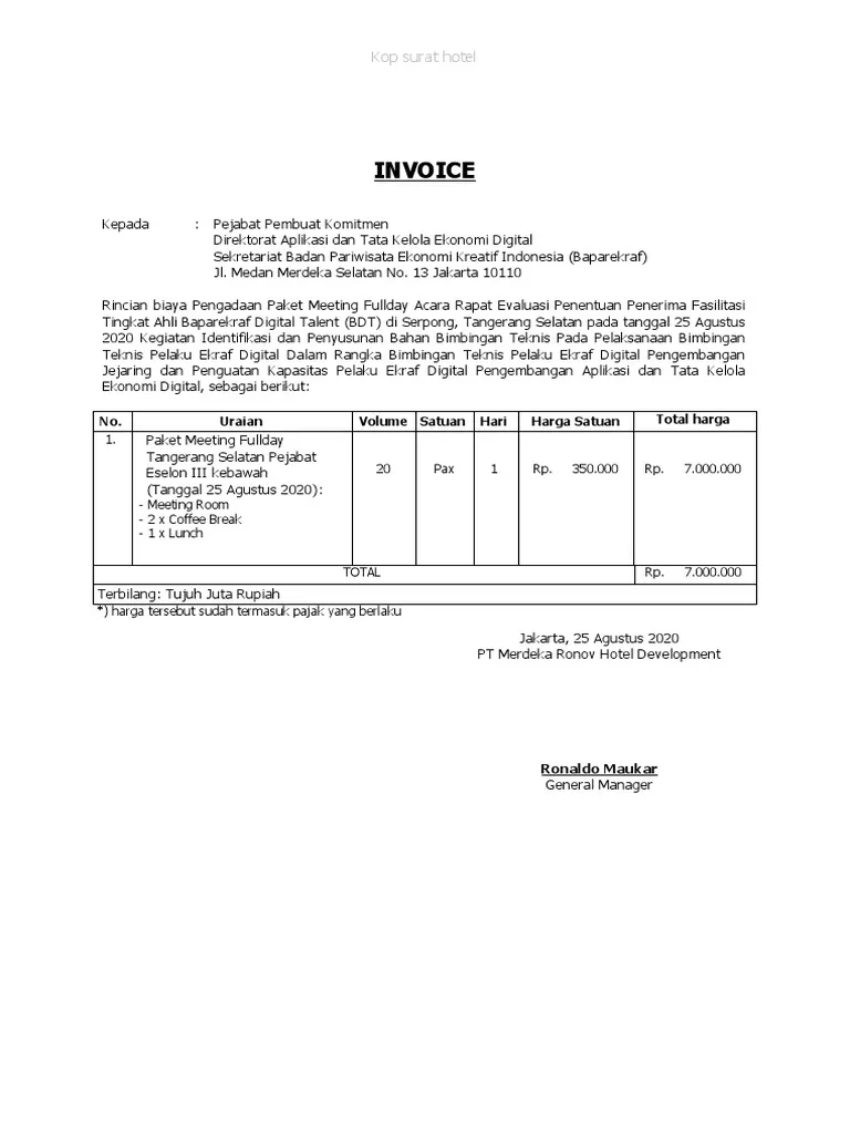 Contoh Invoice Hotel untuk Meeting Perusahaan