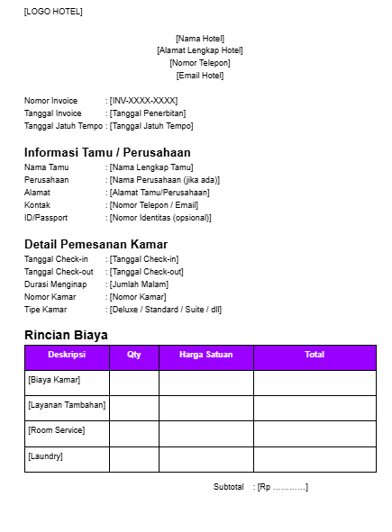 Contoh Invoice Hotel Word