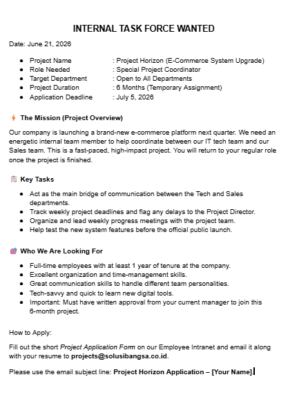 Contoh Internal Job Posting untuk Proyek Khusus (Project-Based)