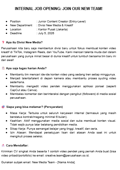 Contoh Internal Job Posting untuk Posisi Entry-Level di Divisi Baru
