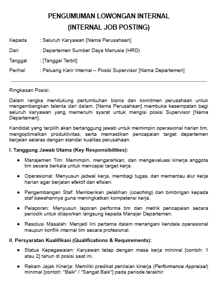 Contoh Internal Job Posting untuk Posisi Supervisor