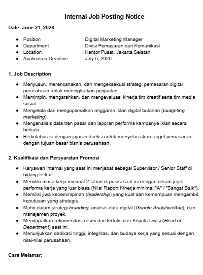 Contoh Internal Job Posting untuk Promosi Jabatan Manajerial