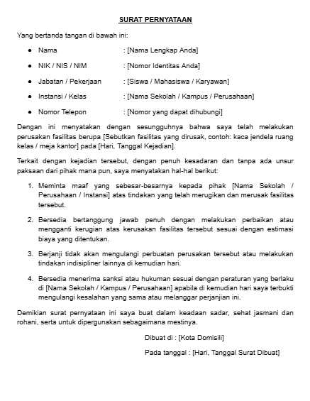 Contoh Surat Pernyataan Tidak Mengulangi Kesalahan karena Merusak Fasilitas