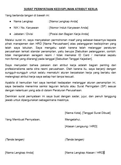 Contoh Surat Pernyataan karena Melanggar Aturan Berpakaian dan Atribut Kerja