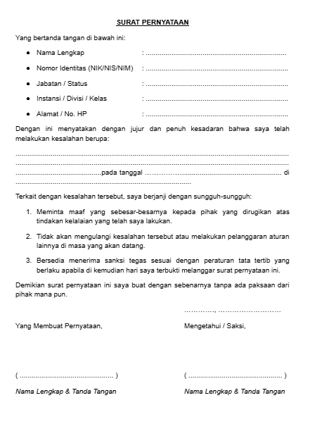 Contoh Surat Pernyataan Tidak Mengulangi Kesalahan PDF