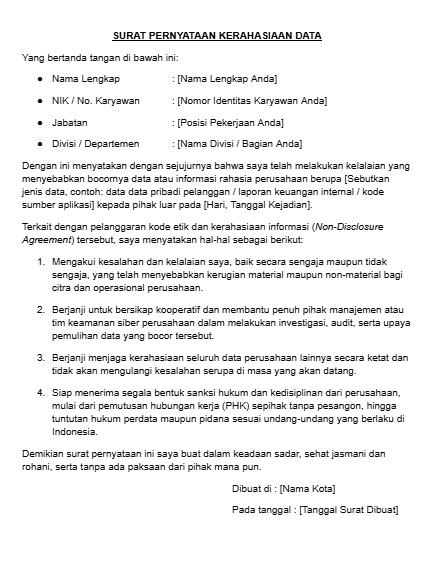 Contoh Surat Pernyataan karena Kebocoran Data atau Informasi Rahasia Perusahaan