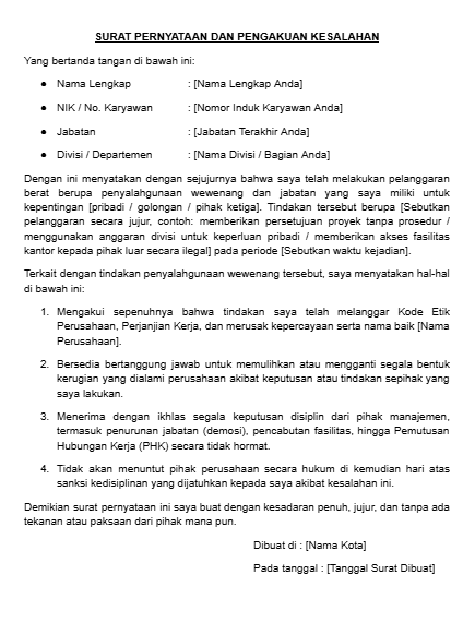 Contoh Surat Pernyataan karena Menyalahgunakan Wewenang atau Jabatan