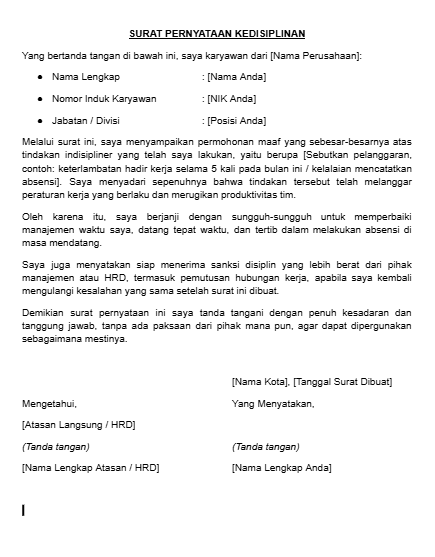 Contoh Surat Pernyataan karena Masalah Absensi dan Keterlambatan