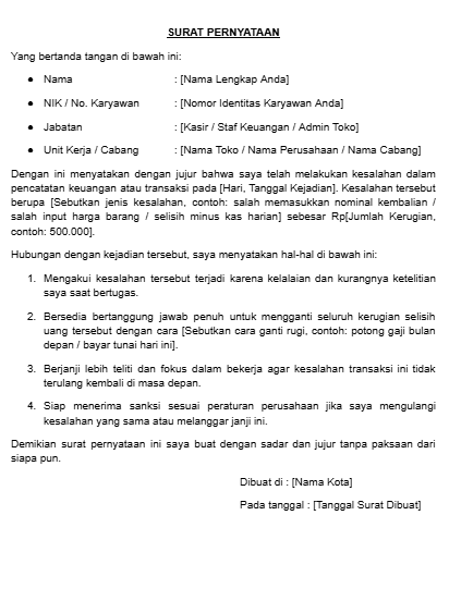 Contoh Surat Pernyataan karena Kesalahan Transaksi Keuangan atau Kasir