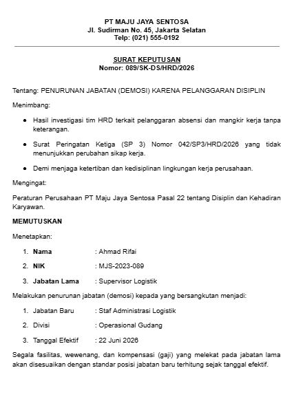 Contoh Surat Demosi karena Pelanggaran Disiplin