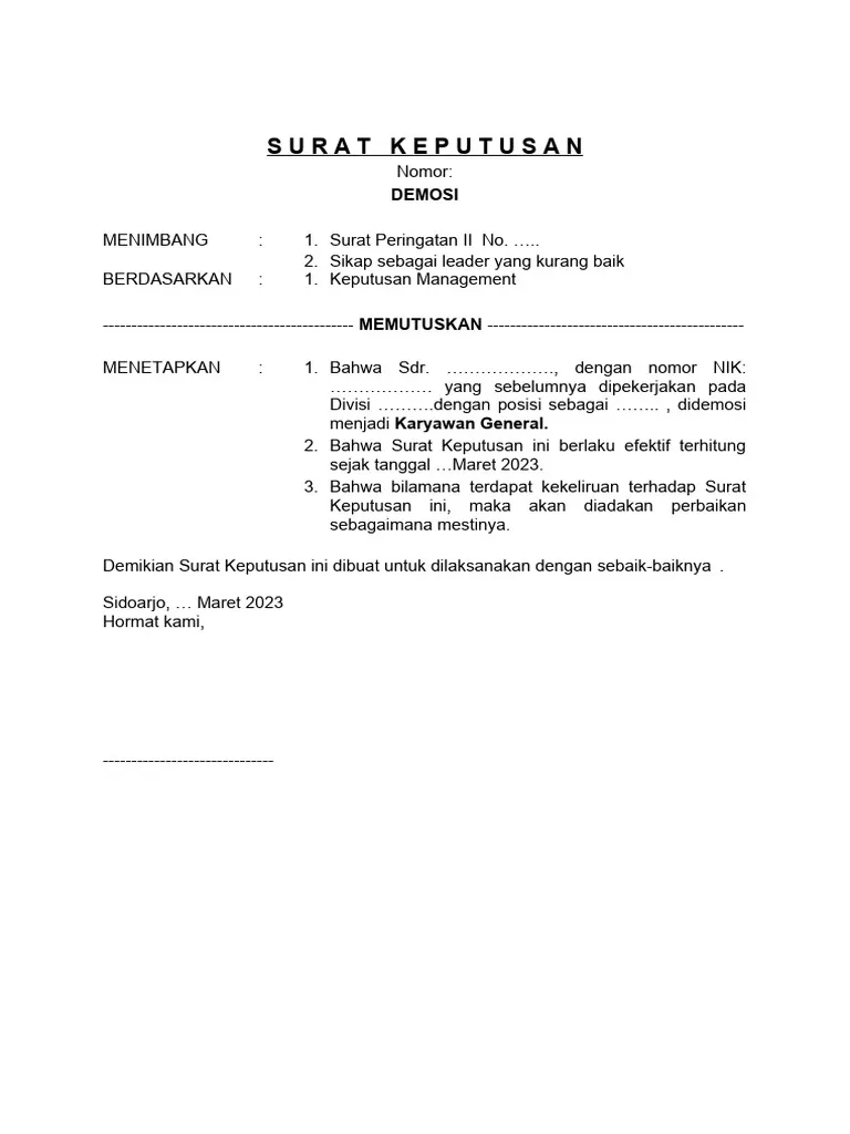 Contoh Surat Demosi Karyawan Swasta