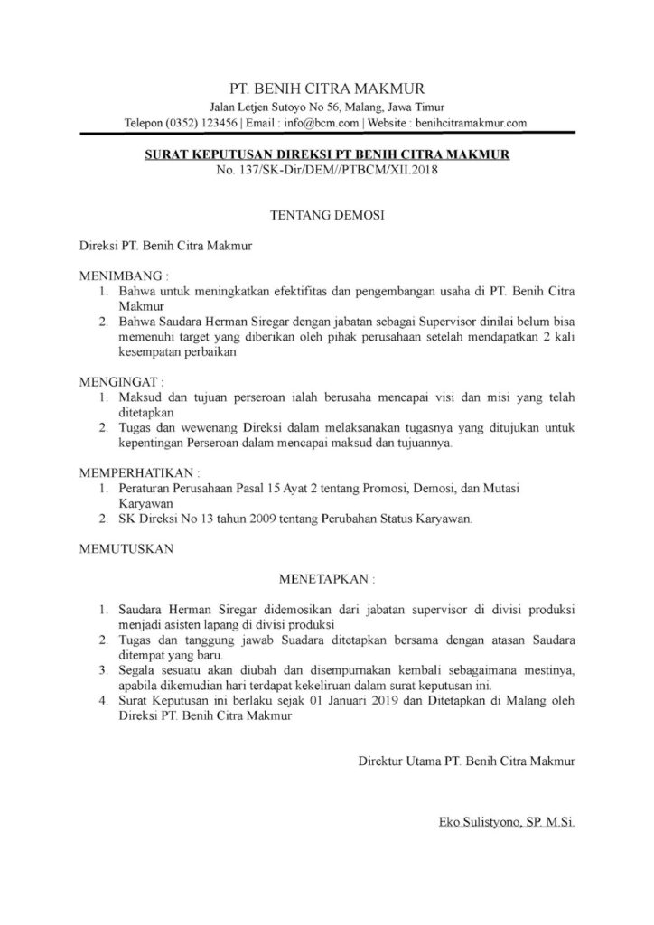 Contoh Surat Demosi Jabatan