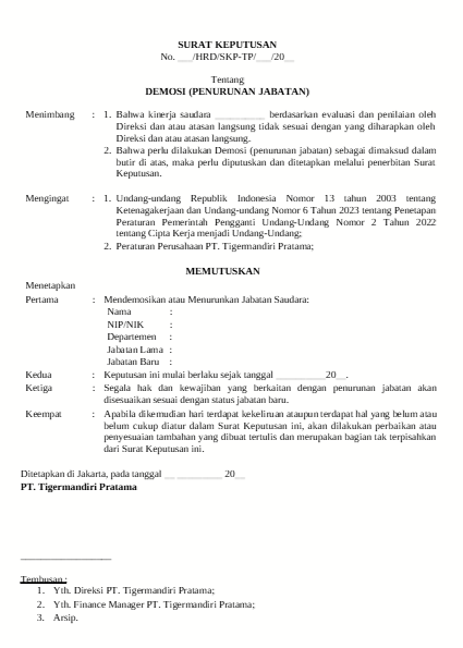 Contoh Surat Demosi karena Restrukturisasi