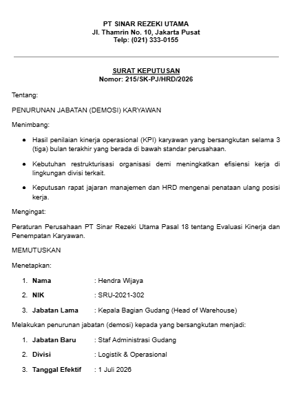 Contoh Surat Demosi Penurunan Jabatan