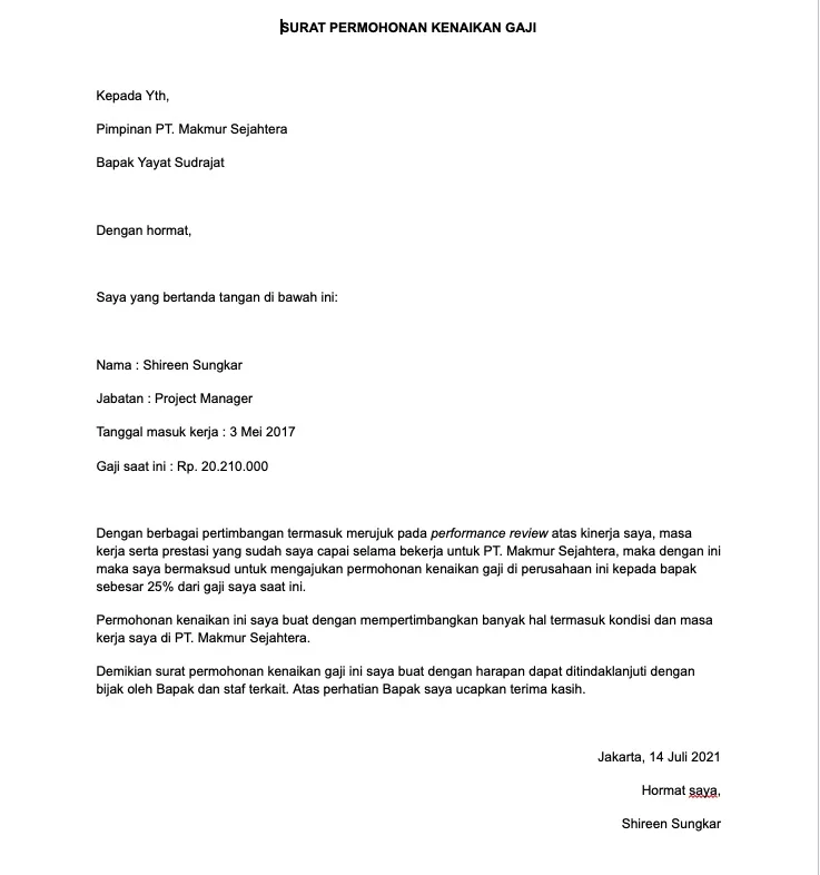 Contoh Surat Permohonan Kenaikan Gaji Sederhana