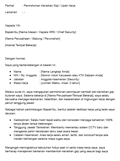 Contoh Surat Permohonan Kenaikan Gaji Security