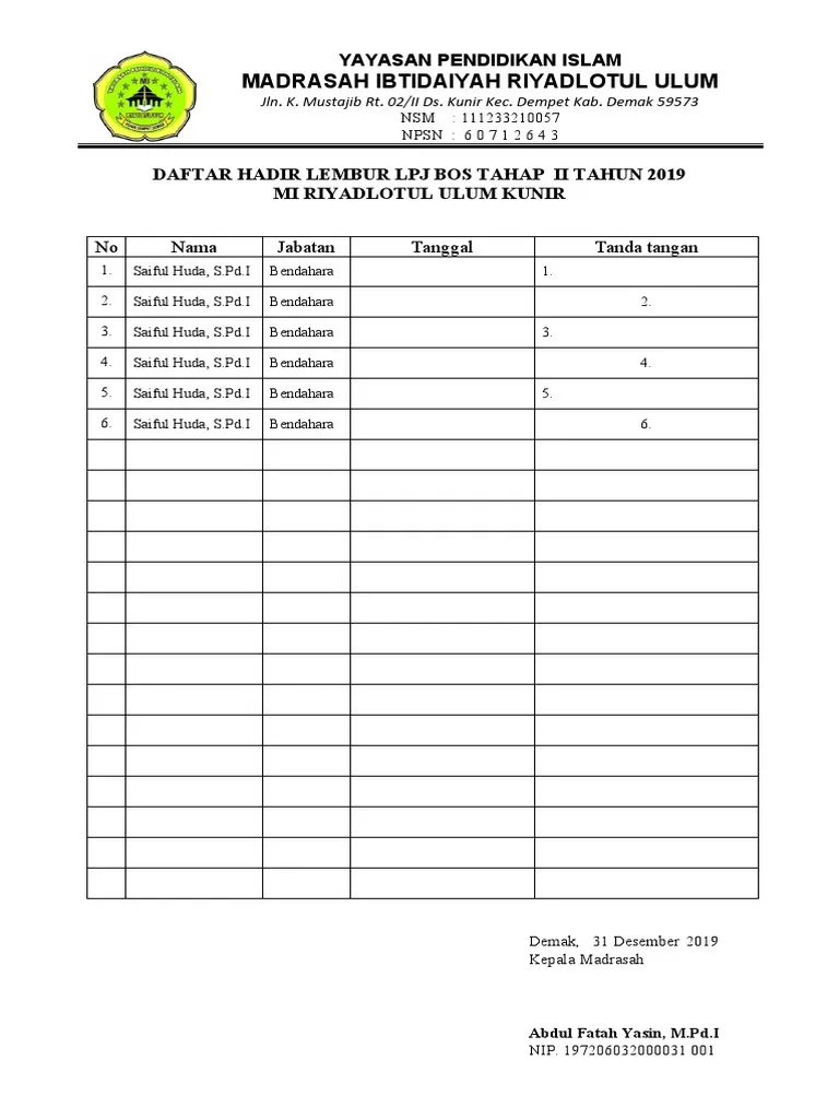 Contoh Daftar Hadir Lembur Proyek atau Tim Khusus