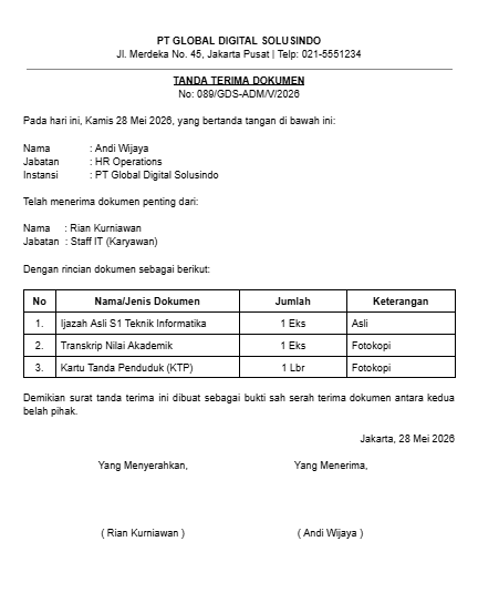 Contoh Tanda Terima Dokumen Sederhana