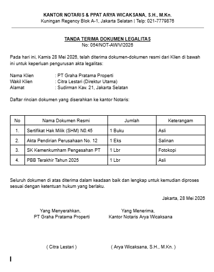 Contoh Tanda Terima Dokumen Notaris