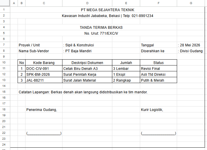 Contoh Tanda Terima Dokumen Excel