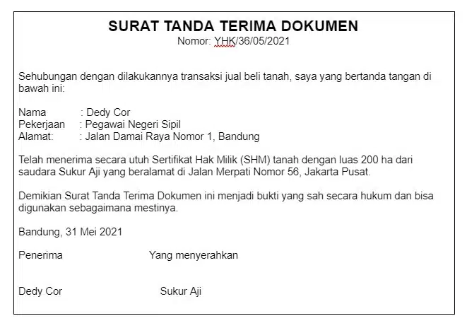 Contoh Tanda Terima Dokumen Jual Beli Tanah