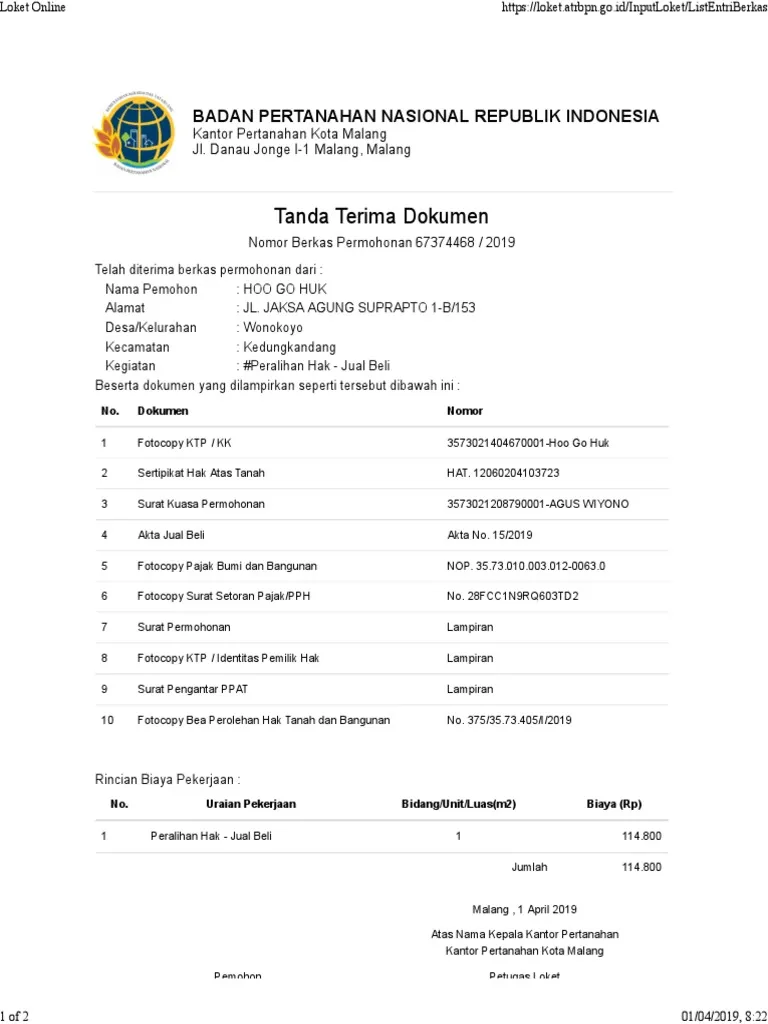 Contoh Tanda Terima Dokumen BPN