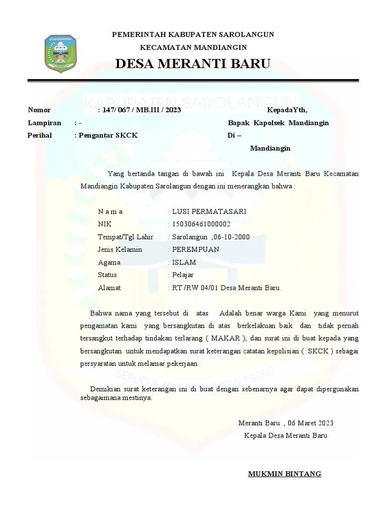 Contoh Surat Pengantar SKCK