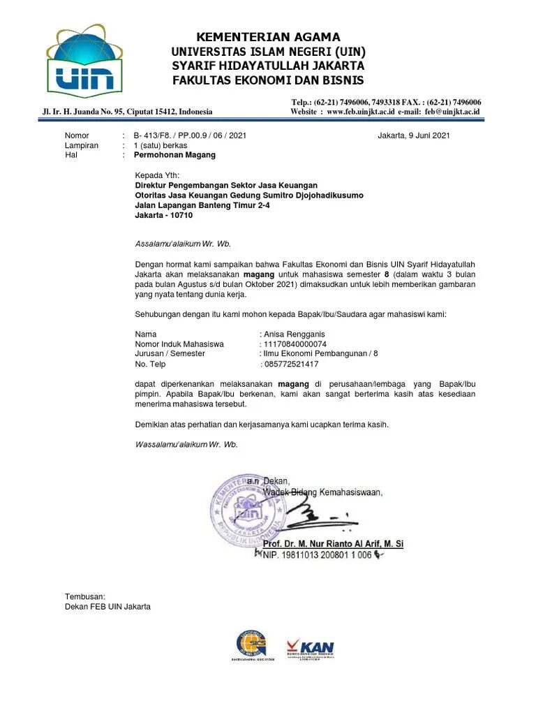 Contoh Surat Pengantar Magang