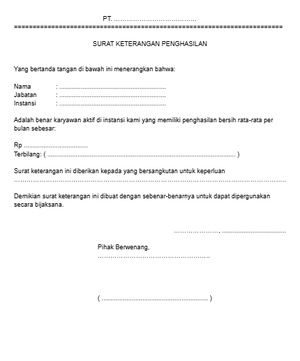 Contoh Surat Keterangan Penghasilan PDF